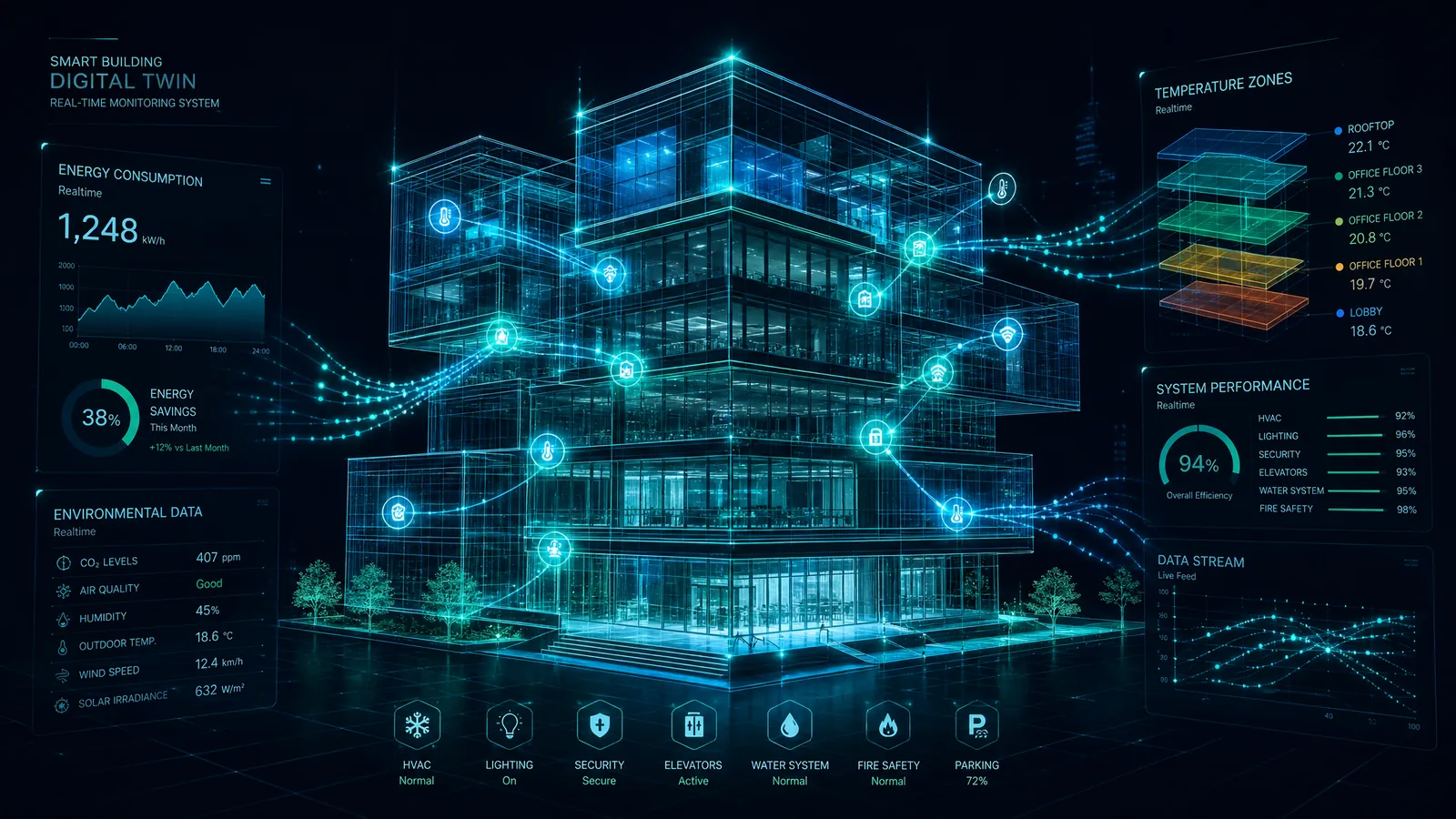 VeraWise 3D Dijital İkiz - Holografik bina modeli ve IoT sensör ağı